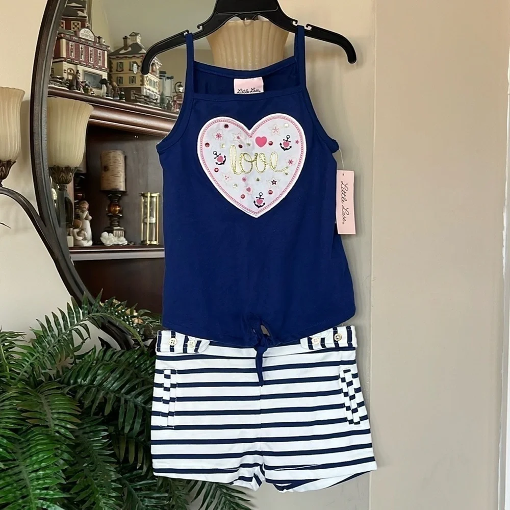 Brand New Little Lass 2-Piece Set Nautical Navy Blue Tank Top & Striped Shorts